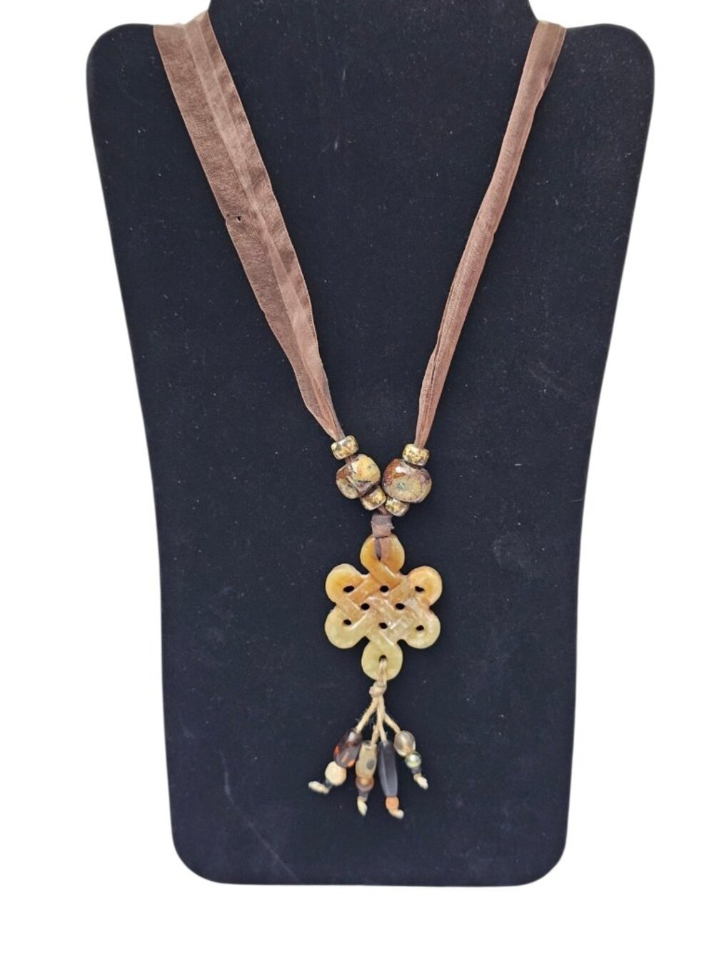 Vintage Yellow Jade Pendant Necklace Carved Knot Amulet Beaded Boho Tribal Style